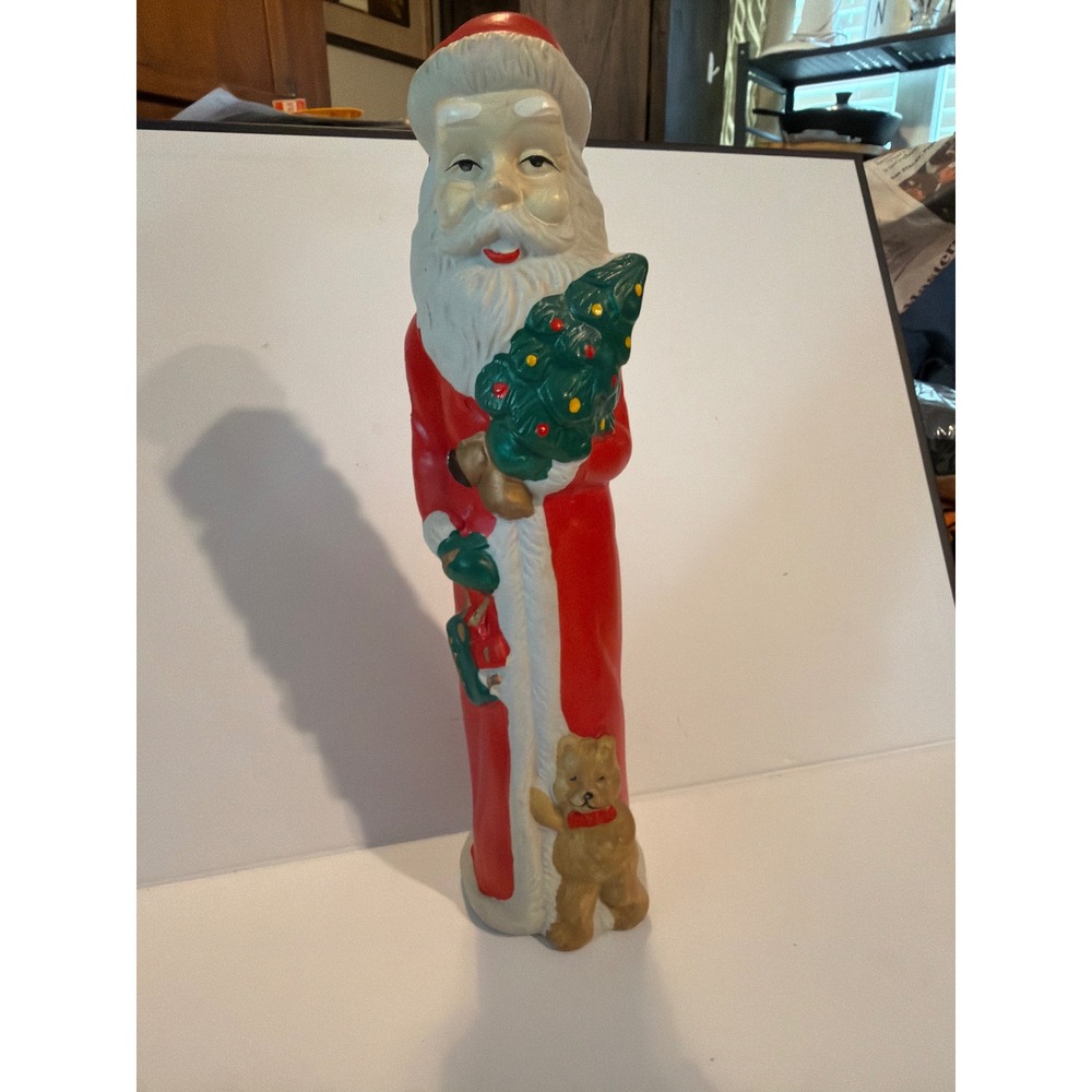 Vintage‎ Tall Slender Santa Claus Figurine Red Robe with Tree and Teddy Bear 10"